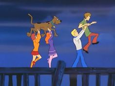 people are dancing with a dog on top of a dock in the animated version of scooby