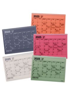 three calendars are shown in different colors