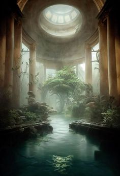 the inside of an old building with columns and plants in it, as well as a pool