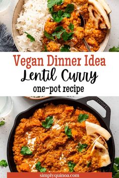 vegan dinner idea lentil curry one pot recipe with rice and pita bread