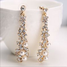 Material: Simulated Pearl ; Rhinestone Length: About 5.8cm Inventory #: 0505 Peal Jewellery Set, Pearl Jewelry Wedding Indian Gold Earrings, Jewelry White Gold, Crystal Pearl Earrings, Jewelry White, Earrings Color, Crystal Pearls, Pearl Earrings, Jewelry Earrings