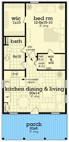 1-Bed New Orleans-Style House Plan with Large Front Porch - 700 Sq Ft - 55238BR | Architectural Designs - House Plans 16x32 Floor Plans, Deep Front Porch, Moveable Island, Large Front Porch, Tiny Beach House, Backyard Cottage, House Plans One Story