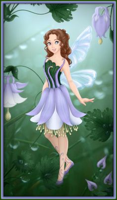 a beautiful fairy with purple and green dress standing in front of some bluebells