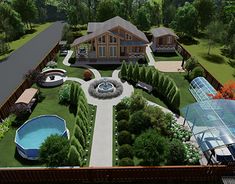 an artist's rendering of a house in the middle of a garden with a pool and hot tub