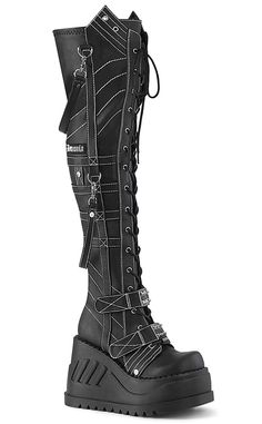 STOMP-310 Black Vegan Leather Knee High Platform Boots-Demonia-Tragic Beautiful Edgy Leather Wedge Boots For Streetwear, Punk Style Leather Knee-high Platform Boots, Alternative Style Knee-high Platform Boots With Round Toe, Alternative Style Platform Knee-high Boots With Round Toe, Alternative Style Platform Knee-high Boots, Gothic Knee-high Platform Moto Boots, Alternative Fashion Knee-high Platform Boots With Round Toe, Edgy Faux Leather Knee-high Platform Boots, Gothic Knee-high High Heel Leather Boots