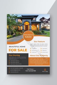 an orange and black flyer for a real estate sale with a house in the background