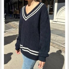 A Really Cute Long, Oversized Cable Knit Wool Blend V Neck Sweater With Contrasting White Stripes. Boyfriend Style Fit. Size: One Size See Pics For Tape Measure Fabric: 90% Wool, 10% Acrylic Condition: New Without Tag My Daughter Pulled It Off And Decided She Didn’t Like It. Color: Navy Blue, White Smoke-Tree, Pet Friendly Home. Please See Photo For Measurements. First Two Pics Are From The Web. Whit Shirt Not Included With The Sweater Brandy Sweater, Brandy Melville Sweaters, Pullover Outfit, Mini Slip Dress, Blue Wool, White Trim, Blue Sweaters, Striped Long Sleeve, Stripe Sweater