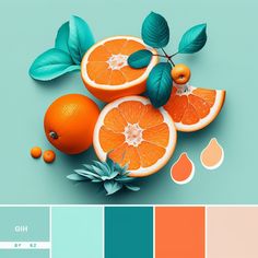 an orange color scheme with green leaves and fruit