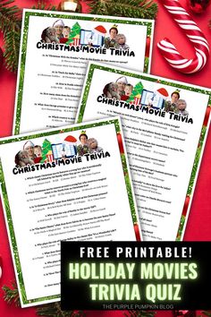 three christmas movie trivias with the text free printable holiday movies trivia quiz