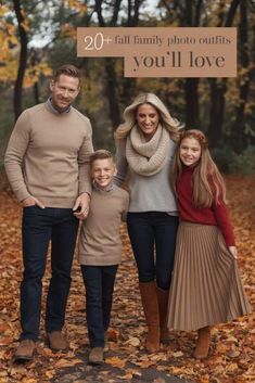 a family posing for a photo in the fall leaves with their sign that says, 20 + all family photo outfits you'll love