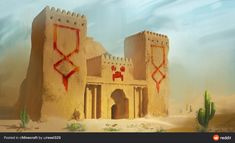 an artistic painting of a castle in the desert