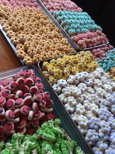 several trays filled with different kinds of donuts