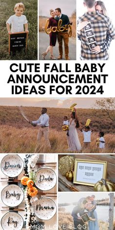 Collage of fall baby announcement ideas. Fall Baby Announcement Ideas, Best Baby Announcement Ideas, Pictures With Husband, Modern Baby Announcement, First Baby Announcements, Family Baby Announcement, Pregnancy Announcement Pictures