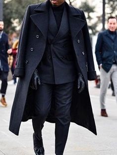 Winter Outerwear With Lapel Collar, Formal Long Black Peacoat, Tailored Wool Coat For Business In Winter, Formal Black Long Pea Coat, Black Long Pea Coat For Formal Occasions, Semi-formal Long Wool Coat For Winter, Semi-formal Long Winter Sport Coat, Semi-formal Winter Pea Coat, Semi-formal Double-breasted Winter Sport Coat