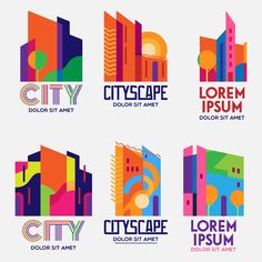 four different logos for city buildings with colorful shapes and colors on the front, back and side