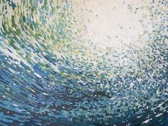 an abstract painting with blue, green and white colors on the bottom half of it