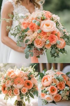 the bride is holding her wedding bouquet and posing for pictures in front of an outdoor setting