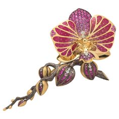 Pink Sapphires Diamonds Enamel 18 Karat Yellow Gold Big Orchid Brooch Orchid symbolized at different times a lot of things. Greek women had a theory that they could manipulate the sex of their unborn baby with the roots of an orchid. The Aztecs were said to mix a drink with the extract of a vanilla orchid with chocolate and this would give them strength. During the Middle Ages, orchid extracts were used to help cure illnesses. And so on. Orchids have a long history, and this is one of the most perfect creations of nature, and it is not without reason that many call them "aristocrats" among plants. Take a look at our orchid. This Brooch is made of 18 Karat Yellow Gold, 122 Pink Sapphires weighing 3.24 Carat, Diamonds and Enamel. Please draw your attention to the incredible smoothness of lin Antique Cocktail Ring, Dark Blue Earrings, Orchid Jewelry, Greek Women, Gold Orchid, Sapphire Cocktail Ring, Pink Sapphire Ring, Red Jewelry, Diamond Cocktail Rings