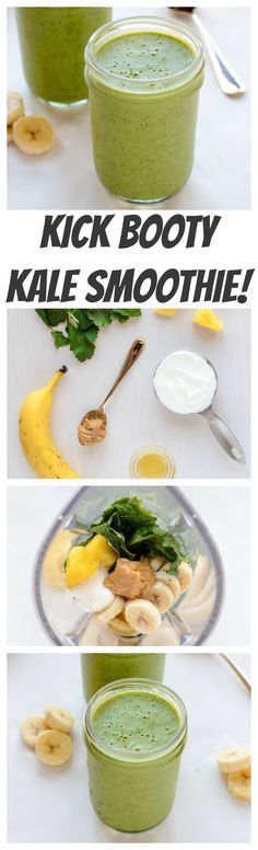 three pictures showing the steps to make a smoothie with bananas, spinach and yogurt