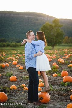 a man and woman hugging in a field full of pumpkins