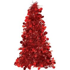 a red tinsel christmas tree with lots of ornaments on it's top and bottom