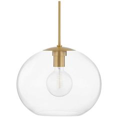 a light fixture with a clear glass ball hanging from it's brass metal rod