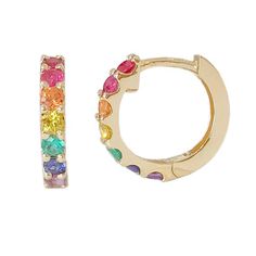 Rainbow Gemstone Pavé 14K Solid Gold Thick Huggie Hinged Hoop Earrings, 13.75mm Outer x 9.5mm Inner Multicolor Huggie Hoop Earrings For Gift, Multicolor Huggie Earrings For Gift, Multicolor Huggie Earrings As Gift, Multicolor Huggie Earrings For Pierced Ears As A Gift, Multicolor Round Huggie Earrings As Gift, Multicolor Huggie Earrings For Gifting, Multicolor Round Huggie Earrings For Gifts, Multicolor Huggie Hoop Earrings, Rainbow Hypoallergenic Hoop Earrings