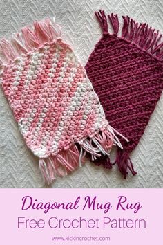 two crocheted mitts with text that reads diagonal mug rug free crochet pattern