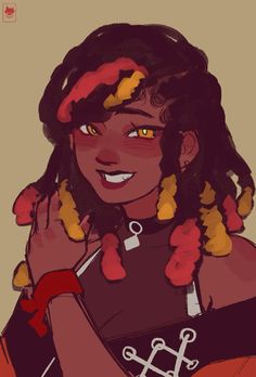 a drawing of a woman with dreadlocks on her head and yellow eyes smiling