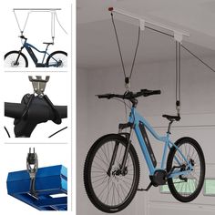 a bicycle hanging from the ceiling in front of a garage