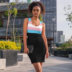 Looking for trans pride outfit ideas? Show off your trans pride in this striped transgender flag dress. This fitted bodycon dress is super comfortable and fits in all the right places. A great festival outfit idea for pride parade day, music festivals and as summer outfit. See more here...    #ontrendshirts #transpride #transflag #dresses #festivalfashion #lgbtq+ #rainbowpride #stripes #prideclothes Reading Festival Outfits, Casual Festival Outfit, Flag Dress, Edm Festival Outfit, Fitted Bodycon Dress, Bodycon Tank Dress, Trans Pride, Edm Festival, Crop Top Dress