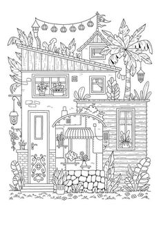 a house with plants and flowers on the roof is outlined in black and white ink