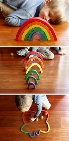 a child playing with wooden toys on the floor in three different pictures, one has a rainbow