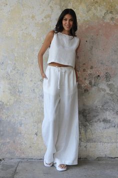 Odana's | PURE | Laid-Back Luxury: Discover Women's Linen Tops Wide Leg White Linen Pants, Pants And Top Set, Nosara, Pants And Top, Linen Drawstring Pants, Linen Top Women, Linen Tops, Linen Crop Top, White Linen Pants