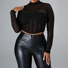 Sexy And Seductive Sheer Top. -Long Sleeve Top -Stretch Material -Mock Neck -Built In Padded Bra -Back Zipper Closure Fitted Mesh Top For Club, Stretch Mesh Top For Club In Fall, Fitted Black Mesh Top For Night Out, Chic Mesh Top For Club In Fall, Chic Mesh Top For Fall Clubbing, Chic Fall Mesh Top For Club, Chic Fall Club Mesh Top, Chic Mesh Tops For Club, Black Fitted Mesh Top For Date Night