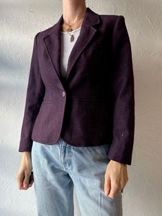 - Vintage Evan Picone purple blazer jacket - Wool polyester blend shell with silky lining - Padded shoulders - Union made in the USA - Small  Chest: 17.5" Waist: 16" Length: 26" Sleeve: 21.5" We are not responsible for lost, stolen, or damaged packages once they have been shipped. Any additional customs duties or taxes incurred on international orders are the responsibility of the buyer. Please note that our items are vintage and may have minor flaws or imperfections due to their age, which adds Purple Fall Office Blazer, Purple Single Breasted Blazer For Winter, Purple Notch Lapel Outerwear For Fall, Purple Notch Lapel Blazer For Winter, Purple Notch Lapel Blazer, Fitted Single Breasted Purple Blazer, Fitted Purple Single Breasted Blazer, Classic Fitted Purple Blazer, Fitted Purple Blazer With Pockets