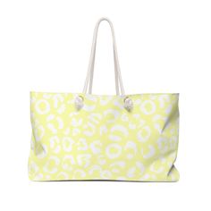 "Leopard Print Perfect Weekender Bag, White Leopard Tote, Yellow Tote, Beach Bag, Overnight Duffel, Weekend Getaway, Gift Bag This oversized Weekender Tote is perfect for your weekend getaway.  It has thick rope handles and a 'wide-mouth' opening.  Whether you're jetting to your next vacation or slumbering with friends - this durable duffel is a dream. .: 100% Spun Polyester .: T-bottom .: Cream sheeting interior lining .: One size: 24\" x13\" (60.9 cm x 33 cm) Care Instructions: Before cleaning Leopard Tote, Tote Beach Bag, Sac Week End, Grocery Tote, Thick Rope, White Leopard, Travel Duffel, Duffel Bag Travel, Soft Bristle Brush