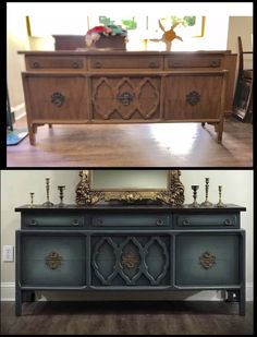 before and after photos of an old dresser turned into a sideboard with gold accents