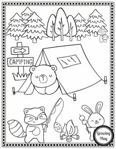 a coloring page with animals and a tent in the woods, camping is fun for kids