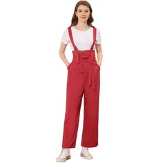 Show your casual laid-back vibes in this cute straight-fit overall jumpsuit. This woven overall jumpsuit features a low square neckline, shoulder straps, a partial button-front placket, a removable self-tie at the waist, a wide leg, and a relaxed silhouette. Soft fabric makes this overall jumpsuit comfortable to wear. It makes you beautiful with fashion and classic design and makes you stand out in the crowd. This loose-fit overall jumpsuit suit is for most ladies, you can pair it with a T-shirt Trendy Jumpsuit With Adjustable Straps And Bib Front, Trendy Jumpsuits With Adjustable Straps And Bib Front, Trendy Overalls With Suspenders For Workwear, Workwear Bib Front Jumpsuits With Suspenders, Workwear Jumpsuits With Suspenders And Bib Front, Casual Red Solid Color Jumpsuits And Rompers, Casual Red Jumpsuits And Rompers, Casual Red Jumpsuit And Romper, Casual Red Jumpsuits And Rompers For Work