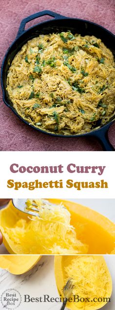 coconut curry spaghetti squash recipe in a cast iron skillet with the title above it