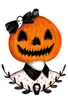 a drawing of a pumpkin with a bow on it's head