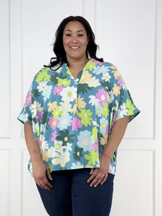 Go pick some flowers in the Gathering Flowers Top from Andree By Unit/ Emily Wonder. This is an oversized tunic top that features a China collar, floral pattern, and Dolman sleeves. It looks great with a pair of denim pants for a cute spring look. Fabric: 96% Polyester, 4% Spandex Measurements: Bust (Size M): 37" Bust (Size 2XL): 40" Length (Size M): 25.5" Length (Size 2XL): 28.5" Missy Fit S/M 0-8, M/L 8-14, 1XL/2XL 14-18, 2XL/3XL 18-24 Denim Jacket Short, Spring Look, Oversized Tunic, Denim Joggers, Graphic Tops, Cute Spring, Flower Tops, Tall Girl, Boot Cut Denim