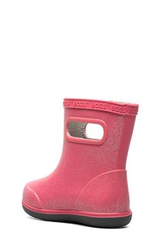 Rainy days were made to play in this pull-on waterproof boot featuring rubber construction designed to keep your little puddle-jumper dry and comfortable. Waterproof: protects against rain, puddles and slush to keep feet dry in wet conditions DuraFresh natural bio-technology activates to fight odors Bogs Max-Wick lining evaporates sweat to keep feet dry Removable BLOOM algae-based EVA insole with arch support Synthetic upper/textile lining/leather and synthetic sole Imported Pink Weatherproof Rain Boots For Outdoor, Designer Rain Boots, Bio Technology, Bogs Boots, Puddle Jumper, Silver Boots, Chelsea Rain Boots, Construction Design, Rain Boot