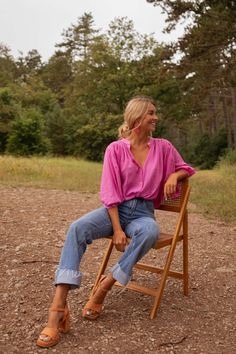 The lightweight Pink Eddie Shirt features pleated fabric on the front and 7/8th balloon sleeves, made from incredibly soft material for a flowy fit. The shirt also includes a button placket for easy closure. This shirt also comes in Beige Our model is also wearing the Blue Maddie Jeans One size (fits from US sizes 2-8) Length 26.4 in - Width 35.4 in 100% Cotton Washing: handwash Pleated Fabric, Wardrobe, Pink, Fabric, How To Wear, Clothes