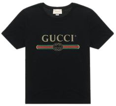 Gucci Black T-shirt With Logo Print, Casual Gucci Tops With Logo, Gucci Cotton T-shirt With Logo Print, Gucci Black Crew Neck Top, Gucci Short Sleeve Logo Top, Gucci Letter Print T-shirt For Streetwear, Gucci Short Sleeve T-shirt With Logo Print, Gucci Graphic Print T-shirt For Streetwear, Gucci Black Tops With Letter Print