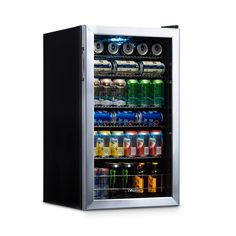 an image of a mini fridge with many drinks in it's door and shelves