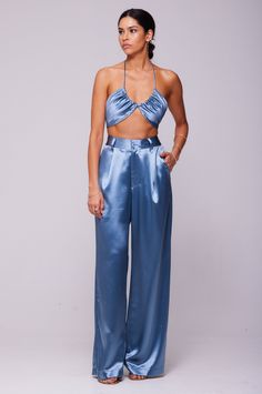 This is an image of Bowie Top in Slate - RESA featuring a model wearing the dress Satin Set, Satin Pants, Girl Day, Halter Style, Blue Satin, Chic Dress, Mesh Dress, Model Measurements, Air Dry