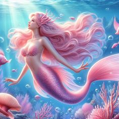 a painting of a mermaid with pink hair swimming in the ocean surrounded by fish and corals