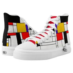 Art lover custom high top shoes featuring De Stijl / Mondrian style neoplasticism abstract art pattern. Styling High Top Sneakers, Statement Sneakers, Mondrian Art, Diy Sneakers, Printed Shoes, Pattern Shoes, Sneaker Art, Shoe Art, Shoe Print